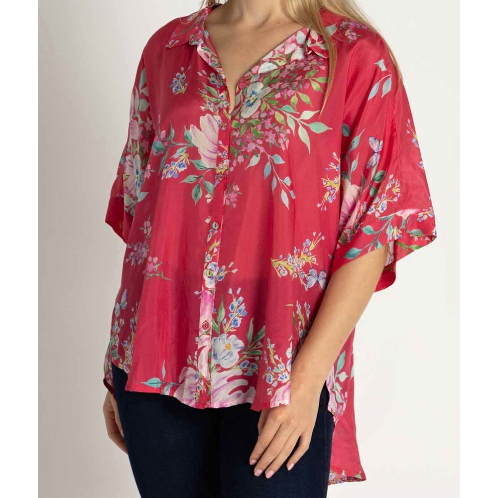 Johnny Was Lynn Button Up Blouse XL Emelda Floral 100% Silk Dolman